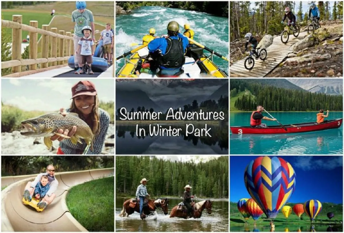 An action-packed exterior shot highlighting families engaging in various outdoor adventures: rafting, biking, fishing, canoeing, horseback riding, tubing, and colorful hot air ballooning, all set in a picturesque natural landscape.