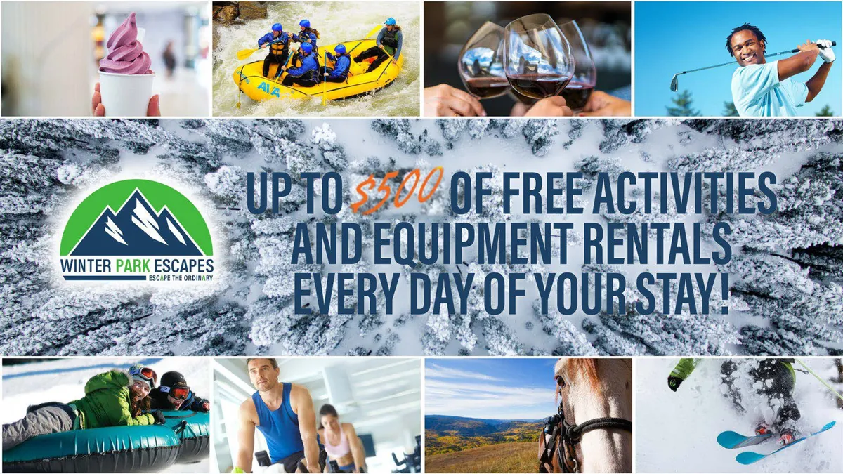 A vibrant collage of outdoor adventure scenes including whitewater rafting, golfing, skiing, snow tubing, horseback riding, and wine tasting, all set against scenic mountain views. The image captures the spirit of excitement and variety available to guests through the complimentary experiences.