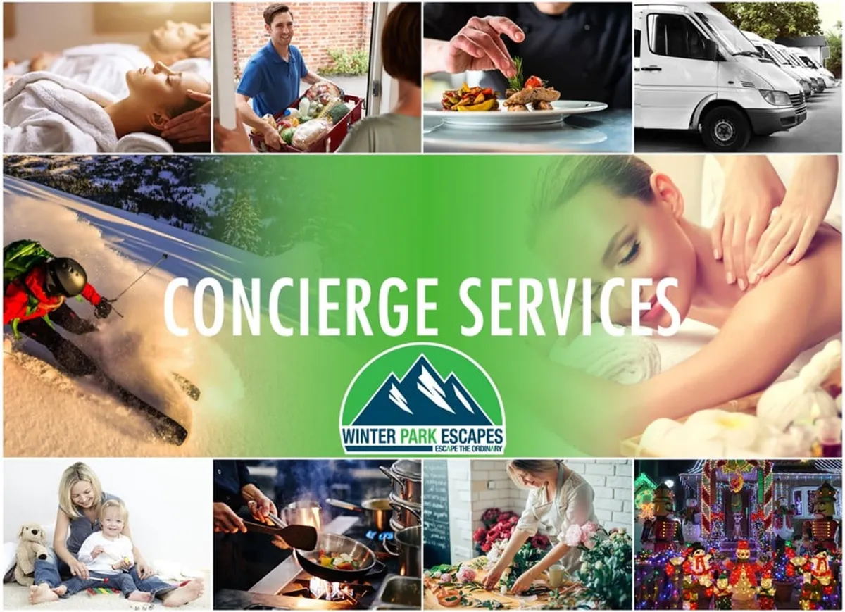 A graphic montage highlights concierge services and family-friendly amenities, including spa treatments, dining, transportation, and cooking classes. The image conveys luxury and convenience, with a special focus on activities suitable for all generations.